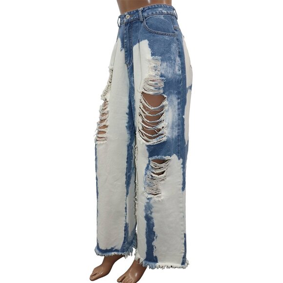 Kate Hewko Bleached Wash Distressed Wide Fringe Denim Jeans M - Picture 7 of 7
